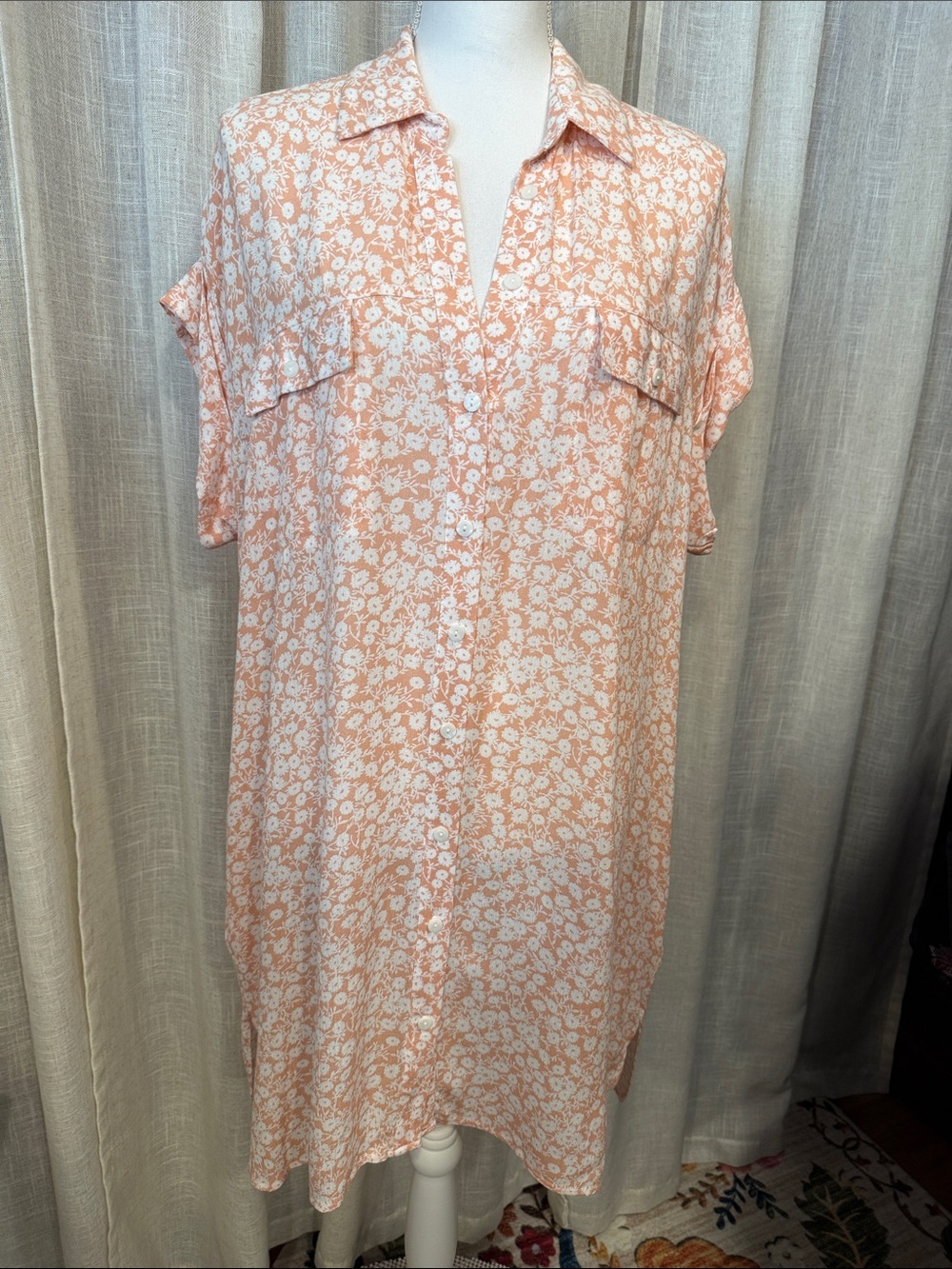 NWT-Lost + Wander Floral Button Front Mini Shirt Dress XS/S NWT Peach Whte Rayon